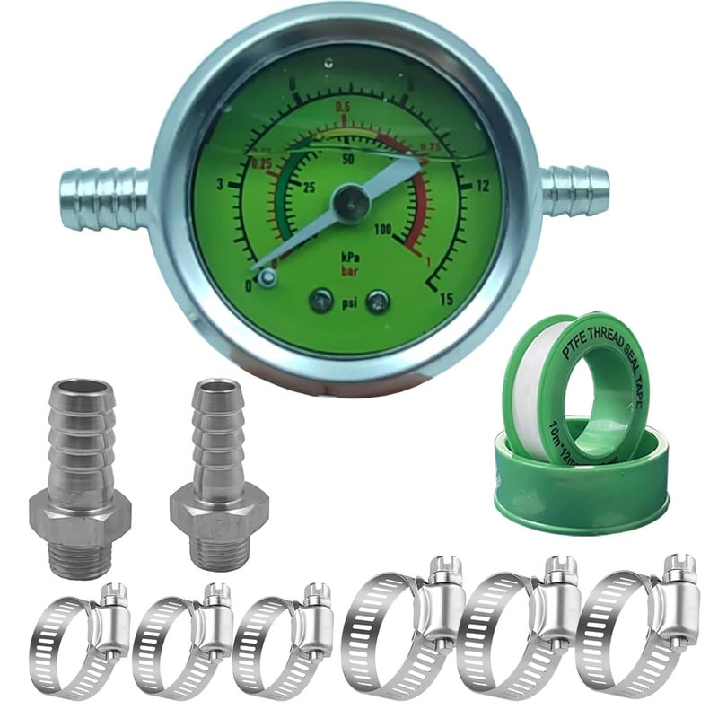 HFVSLFA Fuel Pressure Gauge Kit, 0-15psi Glycerin Filled Fuel Pressure Gauge Kit, 1-1/2" Dial Size Fuel Pressure Gauge for Car, 1/8'' NPT Inline Fuel Pressure Gauge with 3/8'' 5/16'' Barb, Back Mount - Image 1